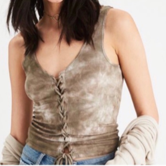 American Eagle Olive Green Lace Up Tank Top - Picture 1 of 2